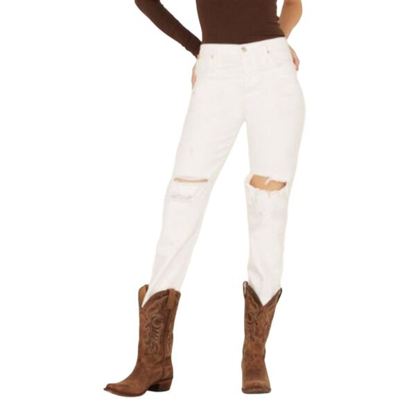 NEW w Tag Free People JEANS Sz 25 CHALK WHITE Tapered Boyfriend Knees Distressed - Picture 9 of 16